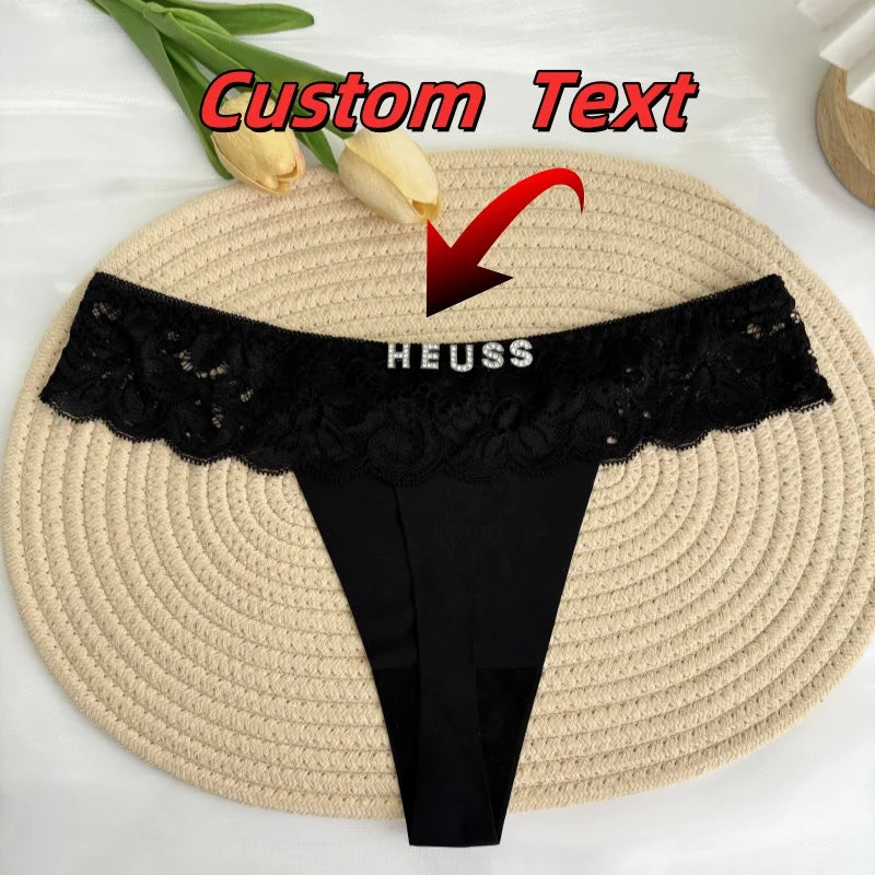 Personalized Custom Thong Name Crystal Letter G-String Low Waisted Lace Thong Ice Silk Bikini Panties Hot Wife Girlfriend Gift