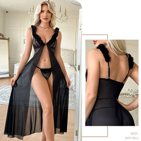 Deep Front-button Sexy V Mesh Long Dress Alluring See-through Furry Strap Robe With Thong Set Seductive Outfit For Women 6JBP