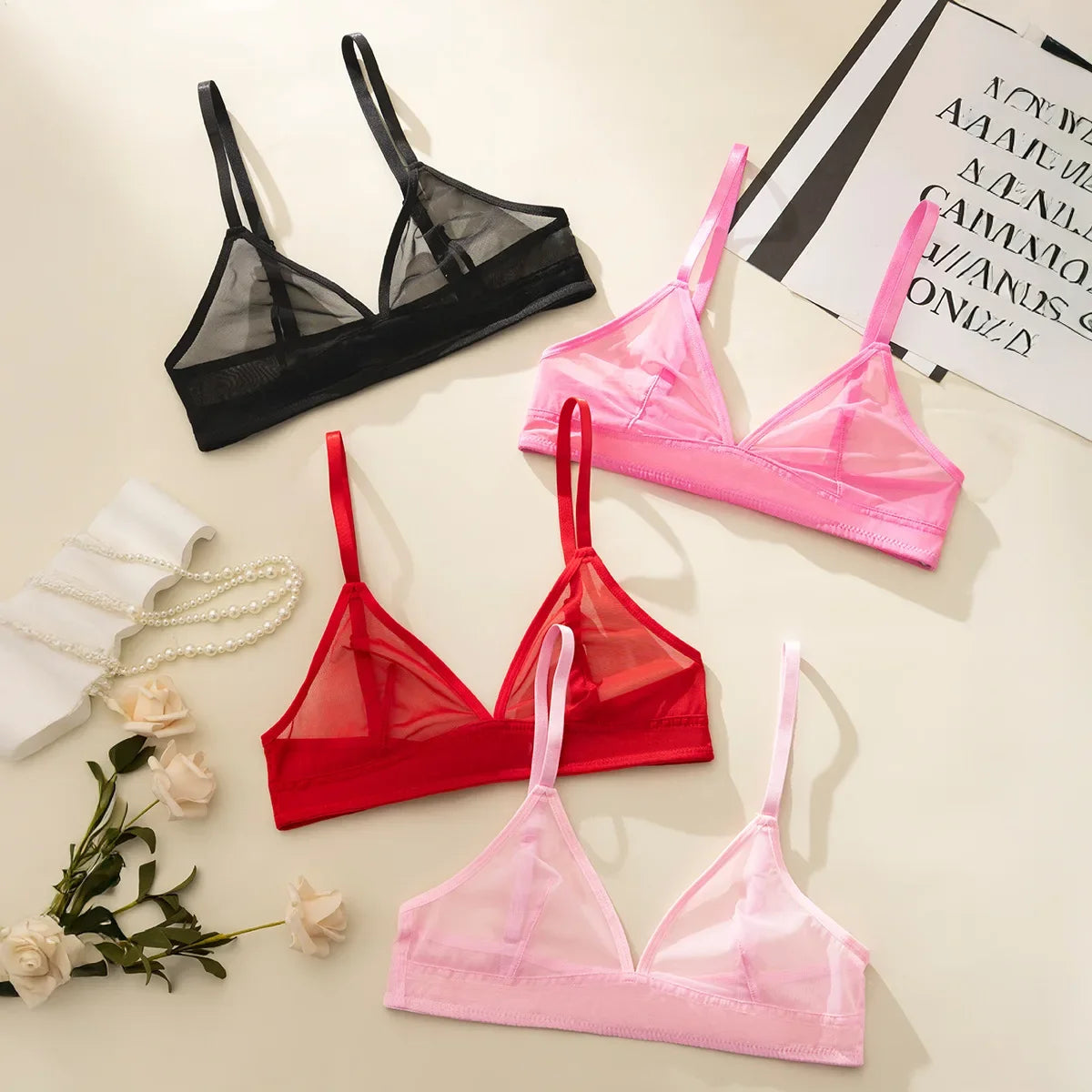 Sexy Transparent Ladies' Brassiere Three-piece Women's Bra Small Bust Mesh Lingerie Ultra-thin Triangle Double Shoulder Straps
