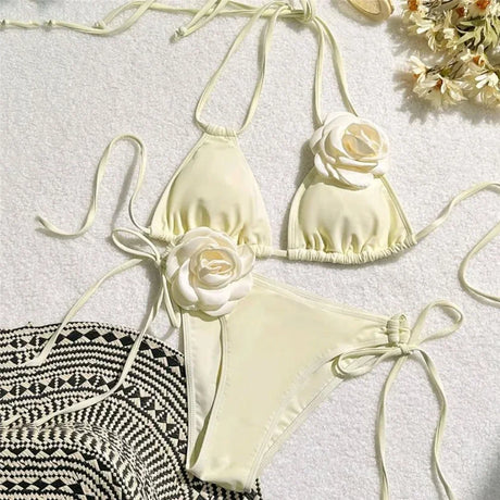Sexy Flower Bandeau Swimwear Thong Bikini 2026 Women Lace-up Swimsuit Swimming Bathing Suit Brazilian Bikinis Sets Mujer Biquini