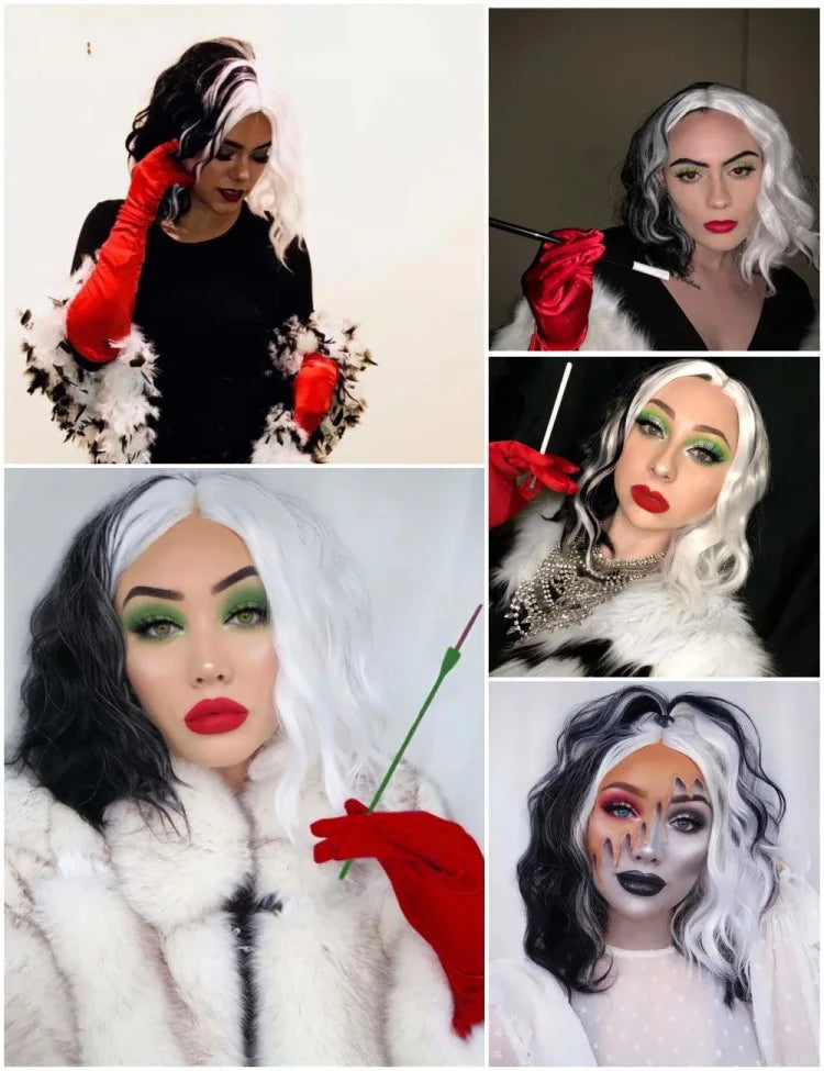 Cosplay Halloween Party Wigs CRUELLA Deville De Vil Black White With Bangs Short Bob Hair for Women Heat-Resistant Synthetic Wig