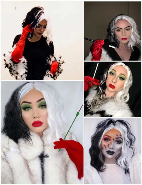 Cosplay Halloween Party Wigs CRUELLA Deville De Vil Black White With Bangs Short Bob Hair for Women Heat-Resistant Synthetic Wig