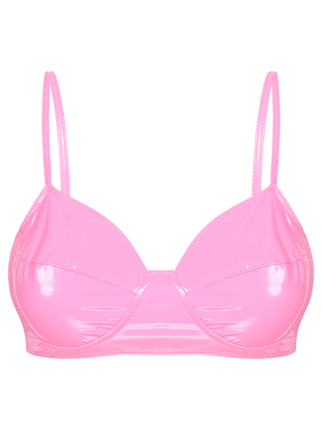 Womens Lingerie Fashion Wetlook Faux Leather Bra Sexy Wire-free No Pad Bra Top Brassiere Raves Pole Dances Costume Clubwear