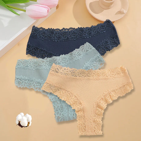 3PCS/Set Sexy Lace Seamless Cotton Brazilian Panties Women Ribbed Intimates Breathable Panties Low Waist Female Cotton Underwear