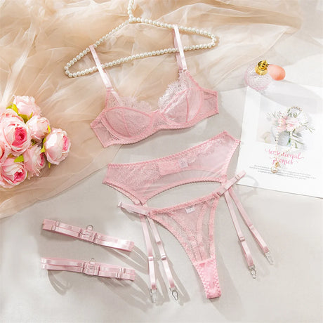 InstaBay Delicate Lace Lingerie 4 Pcs Sets Woman Mesh Patchwork See Through Bras And Thongs Garter Suits Erotic Intimate Outfit