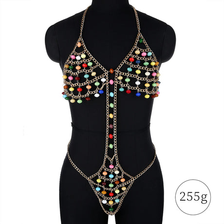 Sexy Women Siamese Bikini Body Chain New Fashion Nightclub Backless Multicolor Beads Hollowout Halter Bra Chain Jewelry