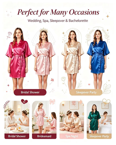 Women Satin Kimono Robe Silky Bride Bridesmaid Bathrobe Short Nightgown for Wedding Party Spa Sleepover Home Sleepwear Robes
