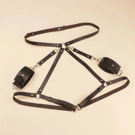 Goth PU Leather Garter Belt with Cuffs and Restraints Fashion Leather Bondage Garter Belt Valentine's Day Gift