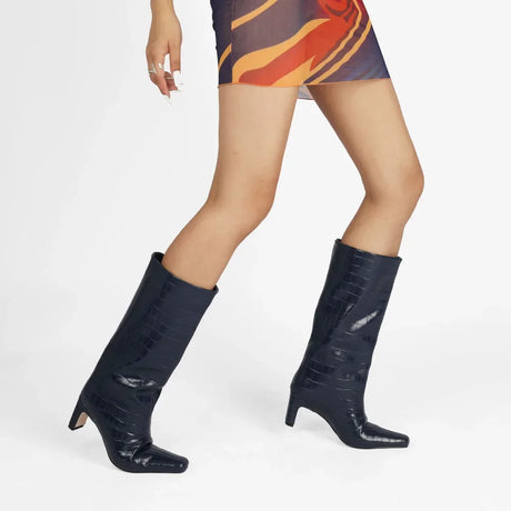 2024 NEW Fashion High Tube Knee High Boots 10cm/6.5cm Thick Heel 21 Colors Women Short Plush Boots Size 45 Winter Leather Shoes