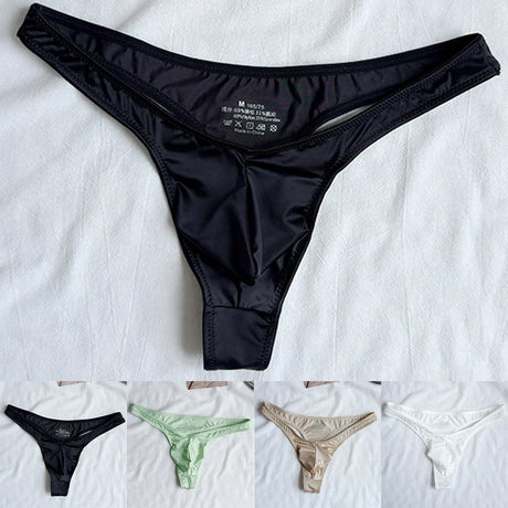 1pc Men Satin-like Glossy Ice Silk G-string Solid Low-Waist Shiny Smooth Thong Bulge Pouch Thong Thin Transparent Underwear