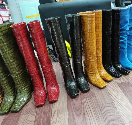 2024 NEW Fashion High Tube Knee High Boots 10cm/6.5cm Thick Heel 21 Colors Women Short Plush Boots Size 45 Winter Leather Shoes