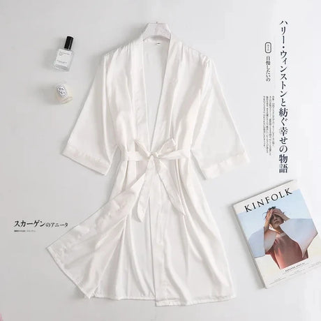 Women Wedding White Bride Robe Morning Gown 3/4 Sleeve Sleepwear Loose Nightgown Female Silk Satin Kimono Bathrobe Lingerie