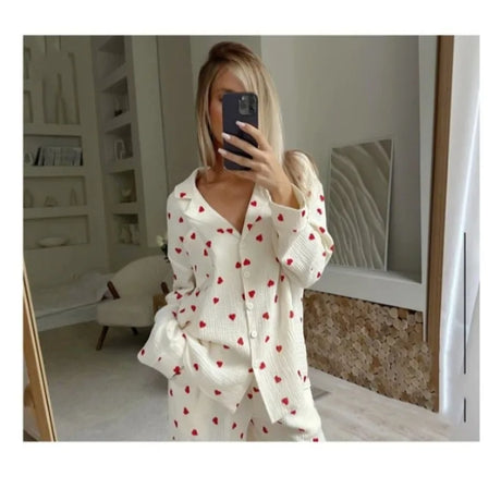Summer New Love Heart Print Pyjama 100% Cotton Long Sleeve Set 2Pcs Outfit Lapel Sleepwear Button Down Women's Pajamas Nightwear