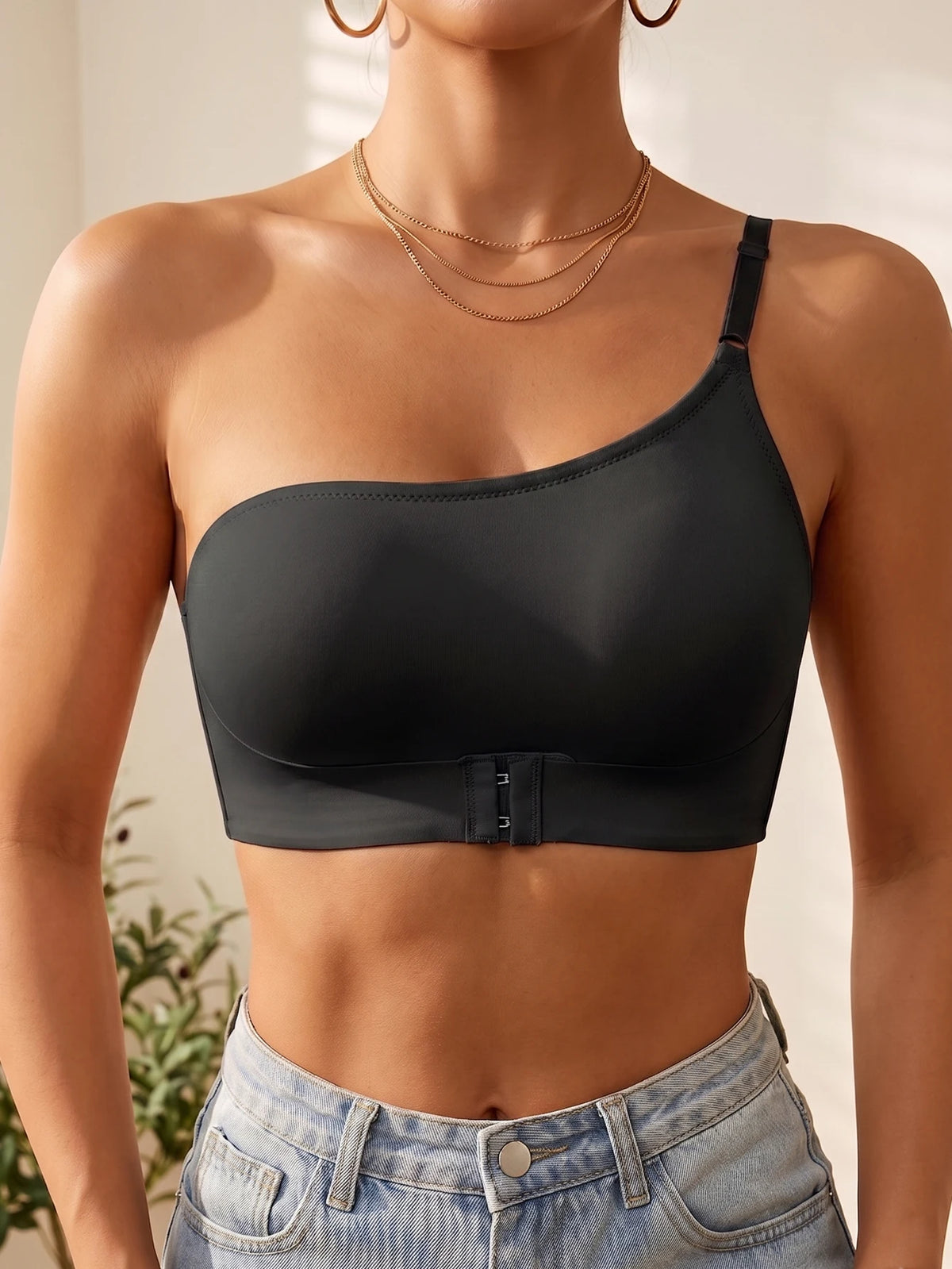 Summer Solid One Shoulder Wireless Women Bra Bralette Front-Clasp Push up Bra Comfort Unpadded Off Shoulder Bras
