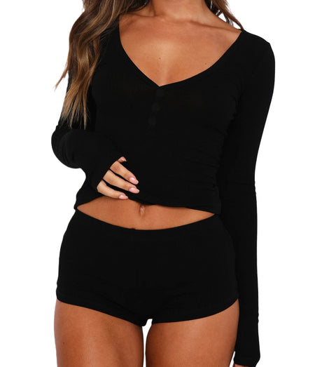Women 2 Piece Pajamas Shorts Set Long Sleeve V Neck Button Down Cropped Tops Sexy Y2k Bodycon Shorts Pjs Loungewear Clothes