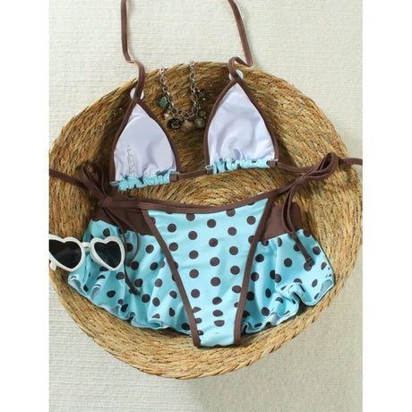Vintage Polka Dot 3 Piece Bikini Set, Button Trim Ruffle Skirt Cover Up Halter Triangle Swimsuit