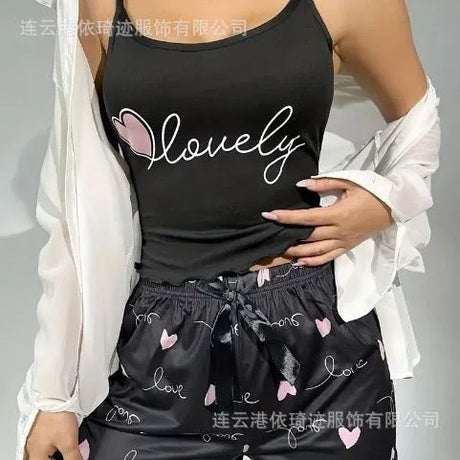 Summer Women's Milk Silk Printed Crown & Flamingo Shorts Tank Top Two-Piece Set Casual Loungewear Homewear Sleepwear