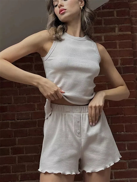 Women Ribbed Sleeveless Tank Top Ruffle Hem Elastic Waist Shorts Two Piece Pajama Set Casual Daily Indoor Home Loungewear Sleep
