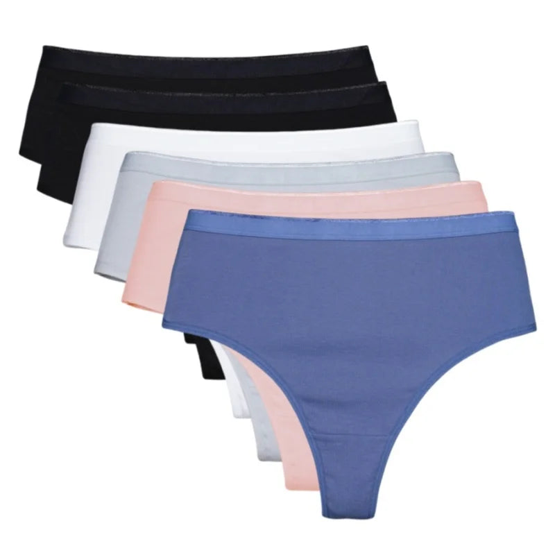 6 Pack Women's High Waisted Thong Cotton Underwear Ribbed Soft Breathable Panties Soft Stretch Intimates Sexy Lingerie S-XL