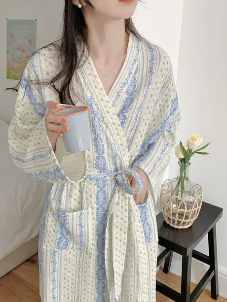 Sweet, Fresh, And Retro Striped Floral Nightgown and Pajamas for Women: Long-Sleeve Bathrobe and Loungewear for Spring and Fall