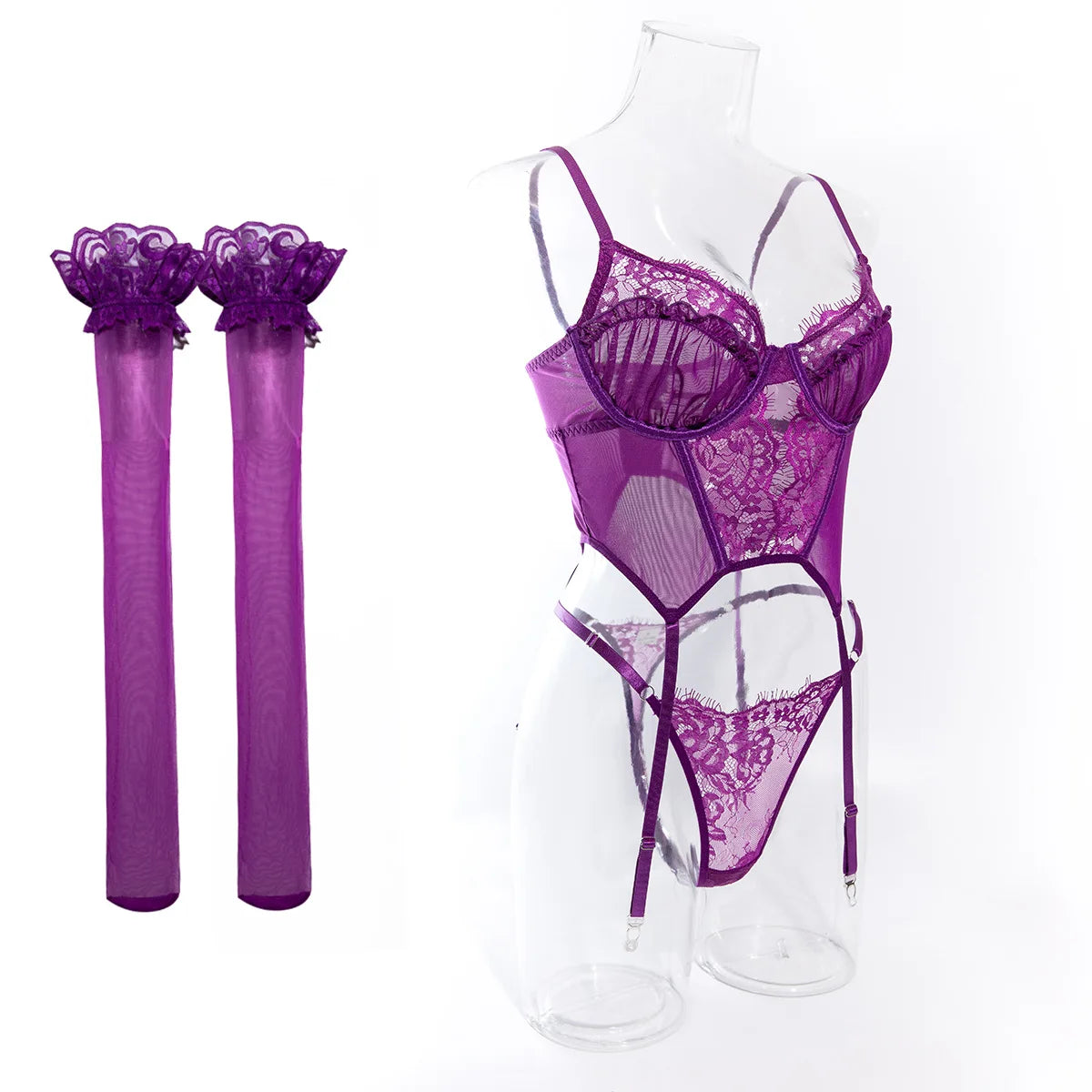 Sexy Purple Eyelash Lace Lingerie Set 3Pcs Mesh Transparent Fishbone Bustier Bra Panty with Stockings Sensual Underwear