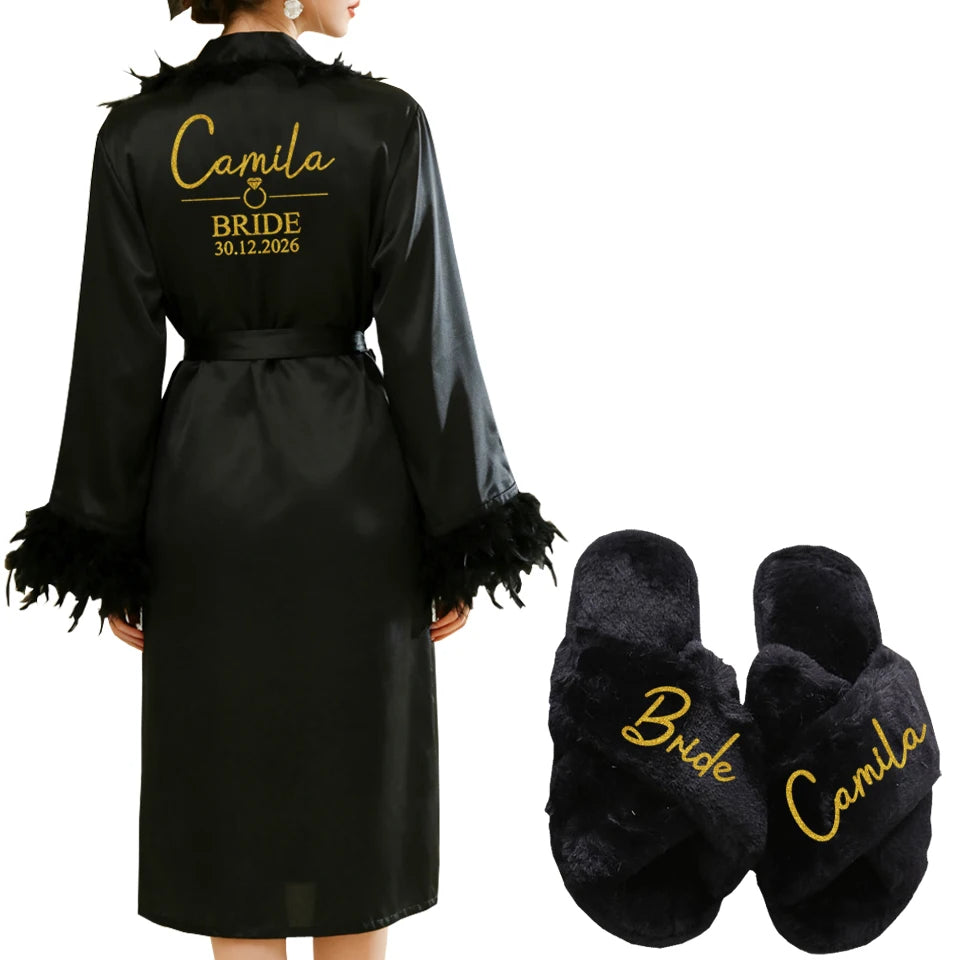 Personalized Name Date Wedding Feather Bride Robe Bridesmaid Bathrobe Nightwear Long Elegant Woman Gown Sexy Nightgown for Party