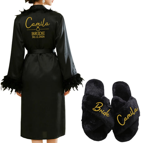 Personalized Name Date Wedding Feather Bride Robe Bridesmaid Bathrobe Nightwear Long Elegant Woman Gown Sexy Nightgown for Party