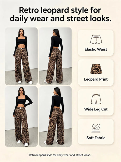 Women Leopard Print Wide Leg Pants Elastic High Waist Loose Casual Trousers Streetwear Y2K Fashion Long Palazzo Pants