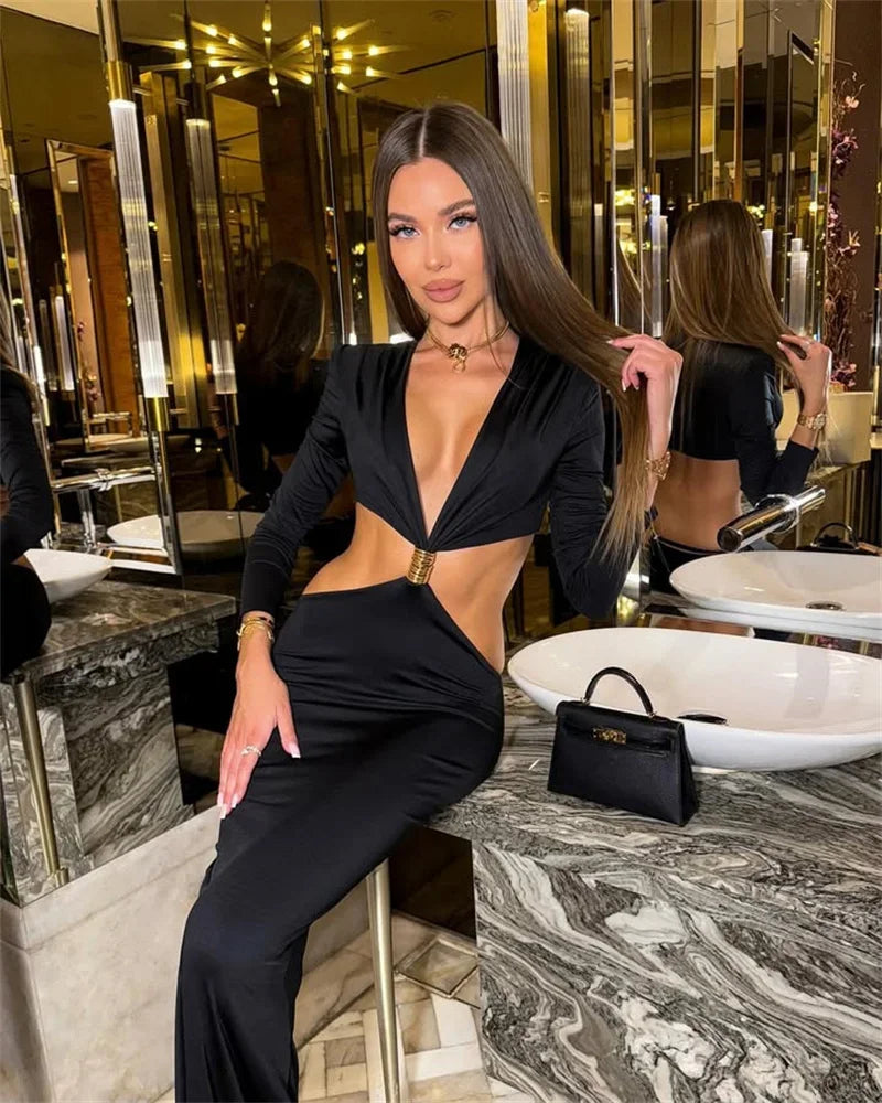 Deep V Neck Long Sleeve Sexy Maxi Dress Women Gown Autumn Fashion Hollow Out Backless High Waist Club Party Long Dress