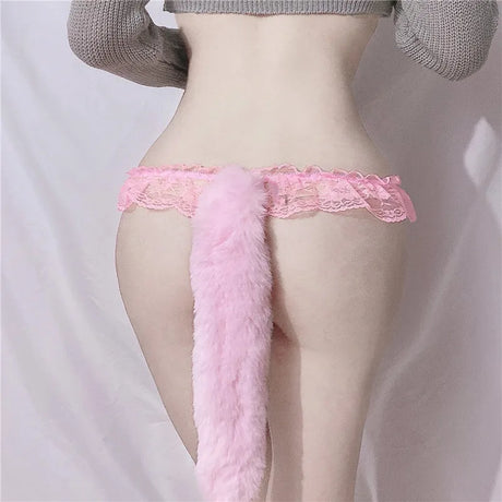 Fox Tail Rabbit Tail Cute Sexy Lingerie Underwear Plush Pearl G String Kawaii Female Pearl Thong Briefs Panties