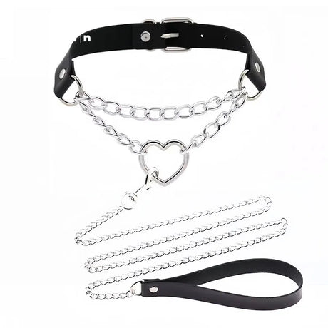 Leather Choker Heart Collar and Leash with Chains Bdsm Choker Submissive Collar for Female Fetishists BDSM Sex Leash Punk Goth