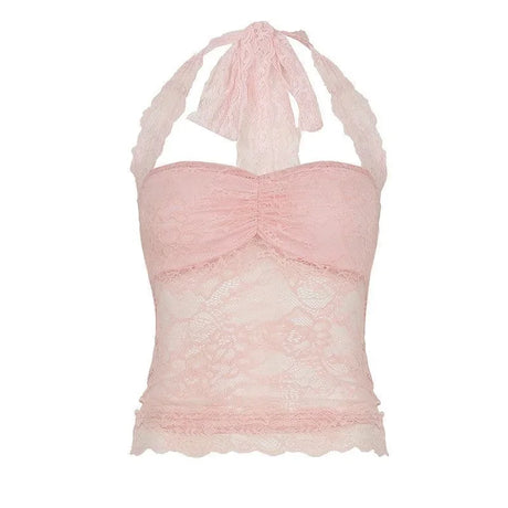 Y2K Women Lace Halter Neck Tank Tops Sleeveless Backless Tie-Up Camisole Summer Crop Tops Going Out Streetwear Party Tops
