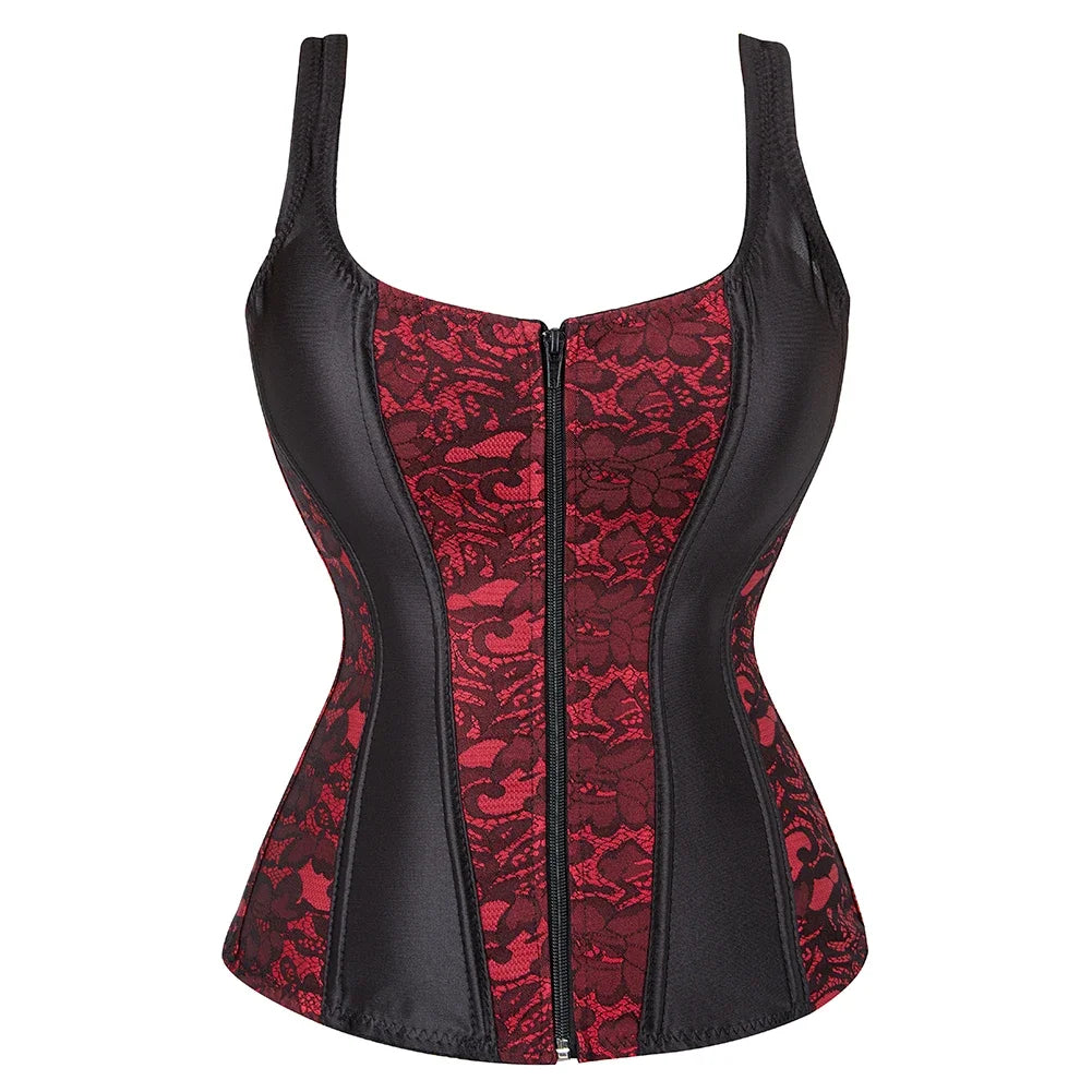 Gothic Corset Top With Straps Sexy Floral Zipper Brocade Overbust Lingerie Burlesque Body Shaper Lace Up Bustier Plus Size