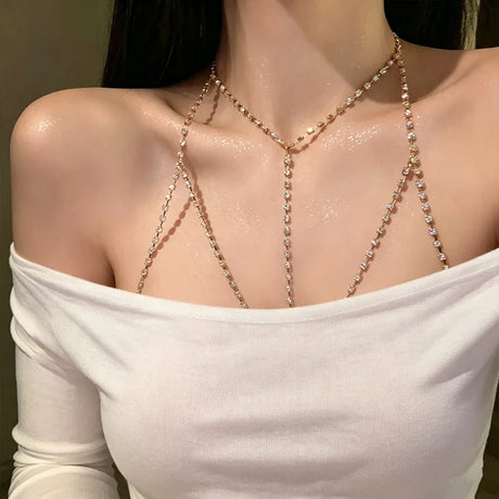 Luxury Square Zircon Chest Chain Multilayer Silver Metal Beads Body Chain Sexy Beach Bikini Jewelry Gift For Women