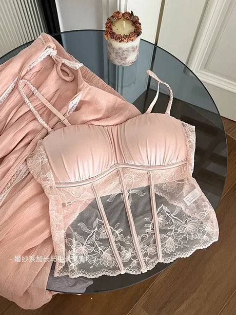 Women Elegant French Longline Lingerie, Lace Satin Wireless Bra, Push Up Sexy Open Back, Luxury Bridal Underwear Fit Small Bust