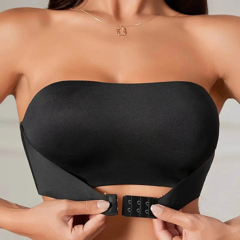 Women's Strapless Seamless Bra – Front Button, No Padding, Non-Slip Half Cup Silicone Underwear
