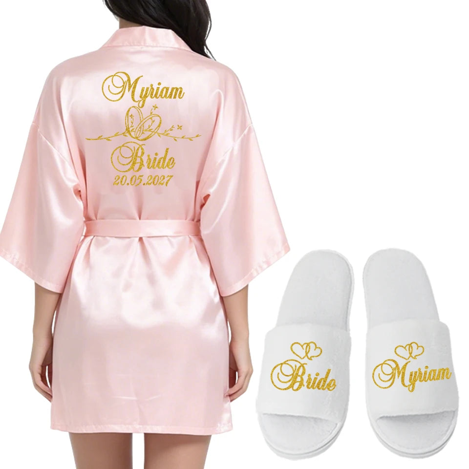Customized Logo Wedding Date Name Bathrobe Faux Silk Bridal Robe Bride Bridesmaid Wedding Robes Woman Bachelorette Preparewear