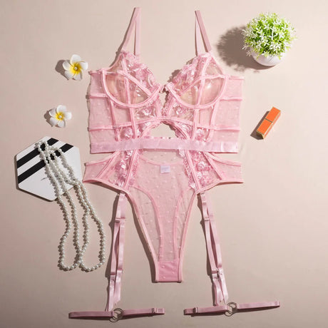 Toucheart Lace Embroidery Jumpsuit For Women Mesh Patchwork See-through Sexy Hollow Out Underwear Solid Color Garters Underwear