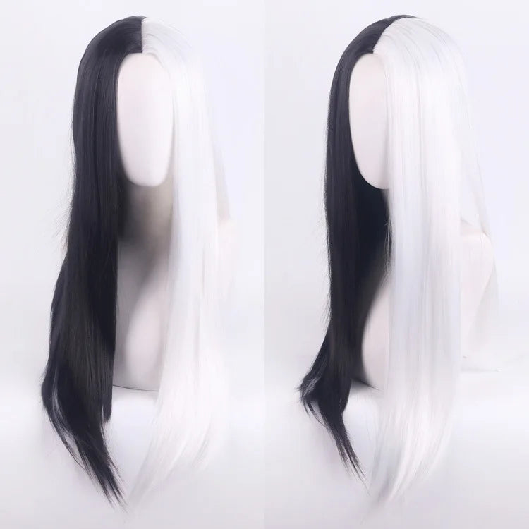 Cosplay Halloween Party Wigs CRUELLA Deville De Vil Black White With Bangs Short Bob Hair for Women Heat-Resistant Synthetic Wig