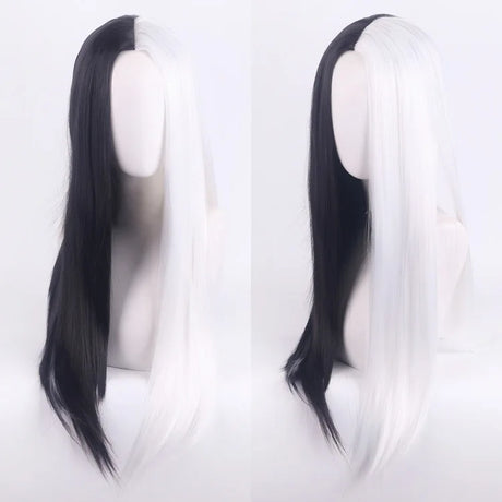 Cosplay Halloween Party Wigs CRUELLA Deville De Vil Black White With Bangs Short Bob Hair for Women Heat-Resistant Synthetic Wig
