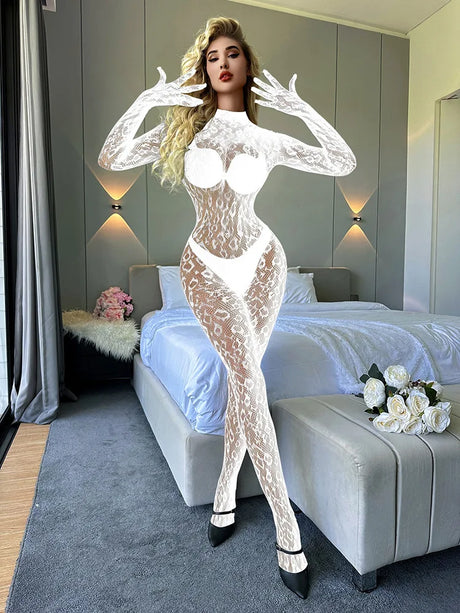 Toucheart Erotic Mesh Bodysuit Leopard Print Hollow Out Sexy Uniform Women Body Shaping See-through Seductive Hot Flirt Bodysuit