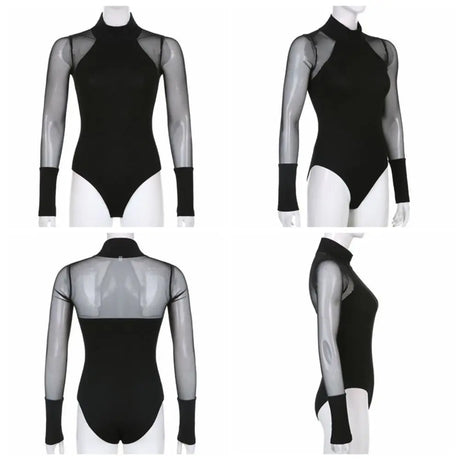 Fashion High Collar Long Sleeve Jumpsuit Translucent Simple Romper Shorts Female Clothes Slim Fit Lace Bottoming Shirt Female