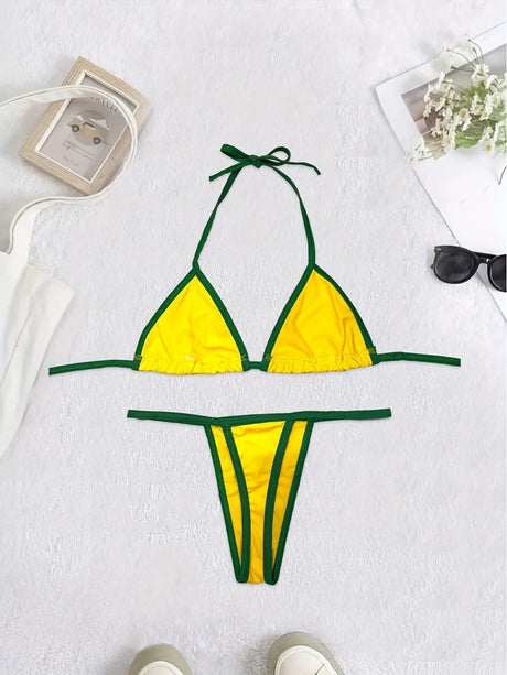 2026 New Summer Brazilian Flag Contrasting Bikini Retro Sexy Fashion Sports Trend Fashion Backless Split Niche Spicy Girl Set