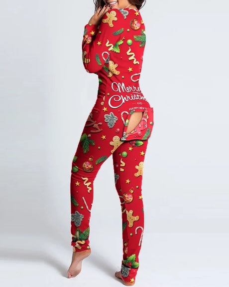 Sexy Pyjama Women's Long Sleeves Homewear Suit Button-Down Front Back Butt Bum Open Ass Flap Jumpsuit Loungewear Christmas Print