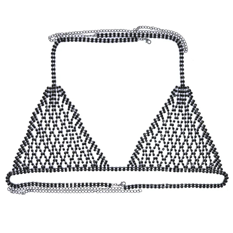Luxury Sexy Crystal Fashion Tight Chain Nightclub Bikini Bra and Thong Set Women's Shiny Rhinestone Mesh Strap Underwear