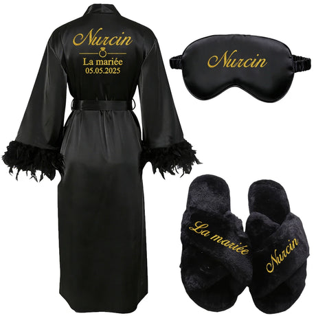 Customized Bathrobe for Women Personalized Name And Date Robe Add Any Text Gown for Bridal Party Feather Bride Robes