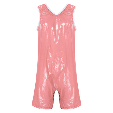 Women One Piece Adaptive Pajama Nightwear Shiny Metallic Sleeveless Buttoned Sleeveless Jumpsuit Waterproof Rompers Bodysuit