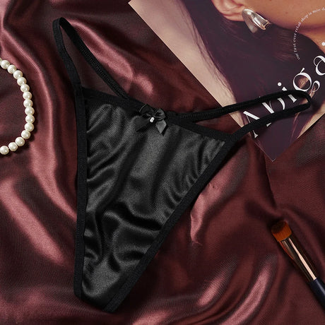 1/3Pcs Women Satin Thong Underwear Sexy Low Waist Bow G-string Cotton Crotch T-back Panties M-2XL