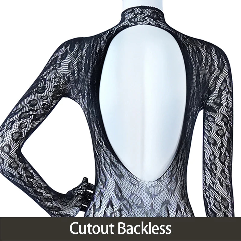 Sexy Crotchless Lingerie Women Open Back Teddies Body Suits Mesh See Through Bodystockings Full Sleeve Leopard Print Bodysuits