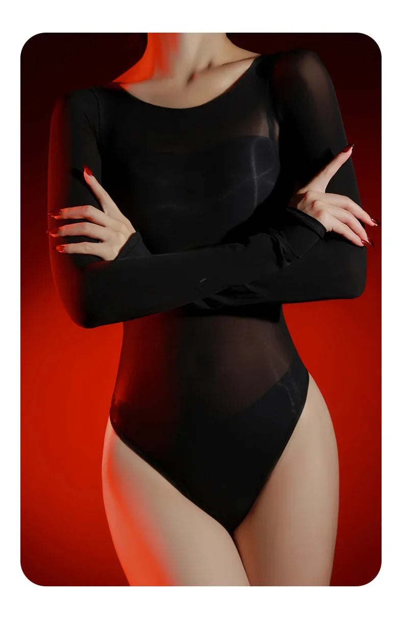 Sexy Women 5D Thin High Cut Bodysuit Oil Shiny Sheer See Through Elastic Tights Yoga Shaping Maid Jumpsuits Unisex Club Leotard
